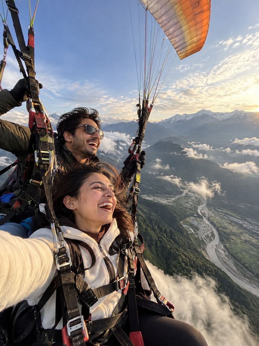 Couple paragliding on a honeymoon adventure