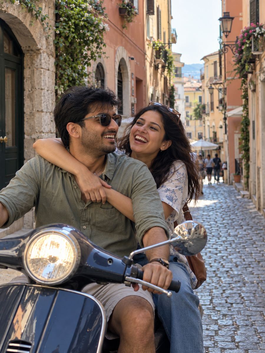 Couple on a scooter ride through an old town